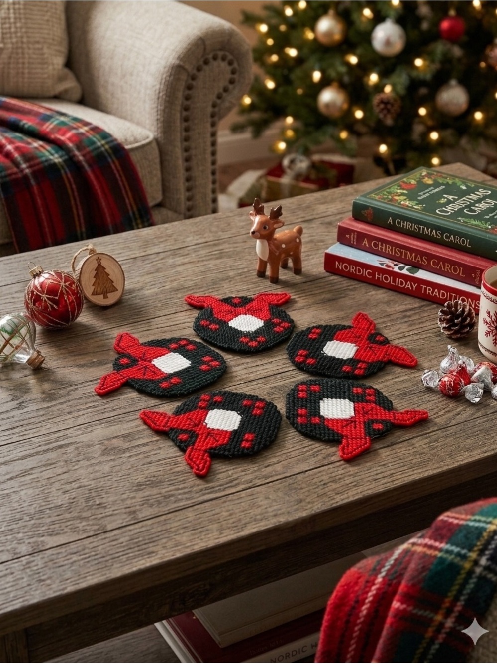 Vintage Needlepoint Christmas Coasters Set of 5 Wreath with Bow Felt Back